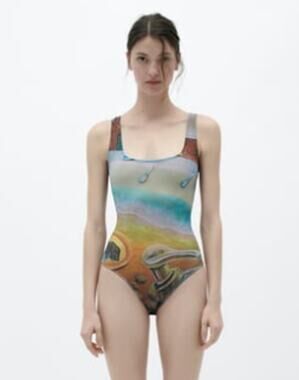 Zara Sleeveless Semi-Sheer Tulle Bodysuit Top with Artists Works Print Small